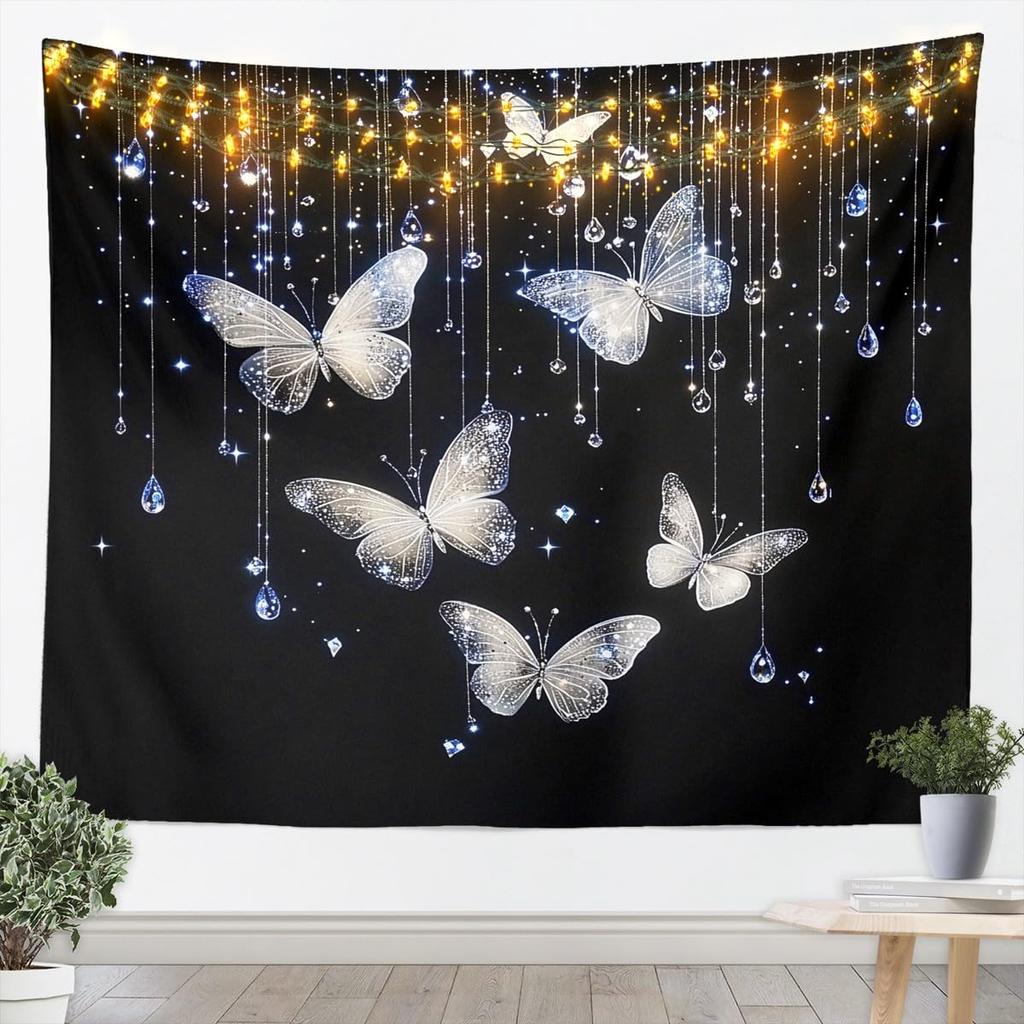 Butterfly Tapestry Glitter Diamonds Print Wall Art Luxury Elegant Blue Wall Hanging Blanket for Living Room Bedroom Home Decor