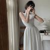 Summer new French coffee break vest long dress sexy waist white splicing suspender dress
