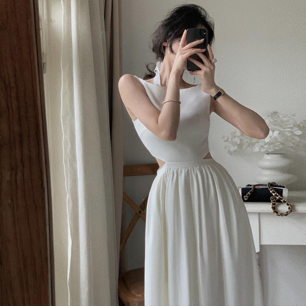 Summer new French coffee break vest long dress sexy waist white splicing suspender dress