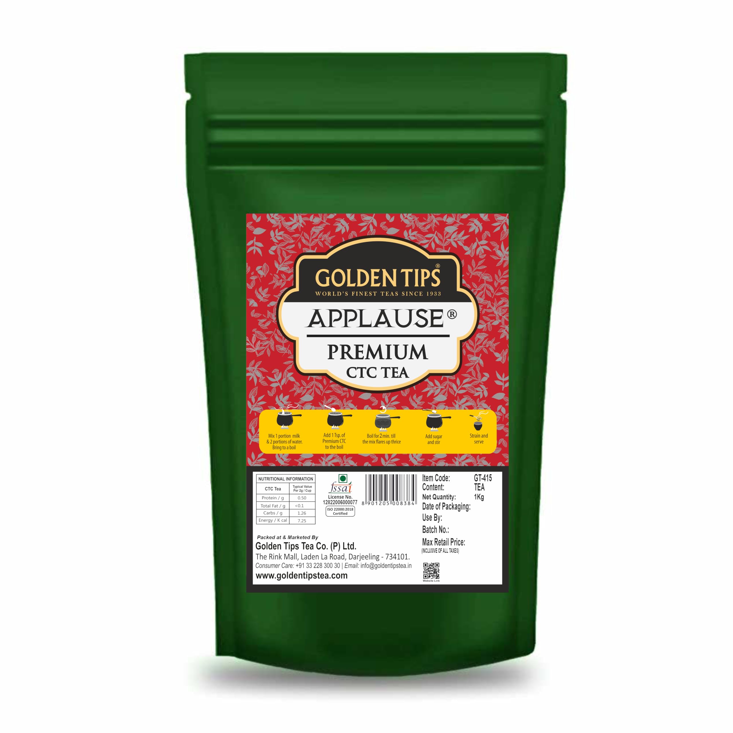 Golden Tips Applause Premium Assam CTC Tea, Strong & Aromatic Chai Patti, Natural Loose Tea Leaves, 1 kg