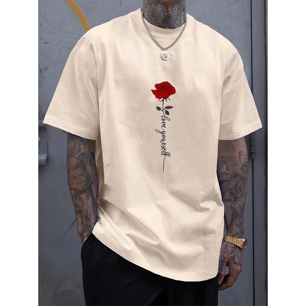 Men's summer fashionable casual sports loose red rose pattern printed round neck short sleeved T-shirt top