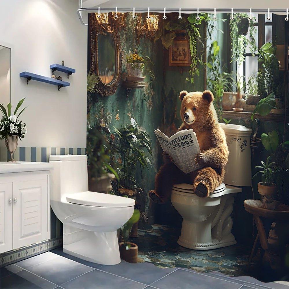 Whimsical Bear Reading Newspaper Shower Curtain Floral Plant Design Polyester Washable with 12 Hooks Eclectic Bathroom Decor