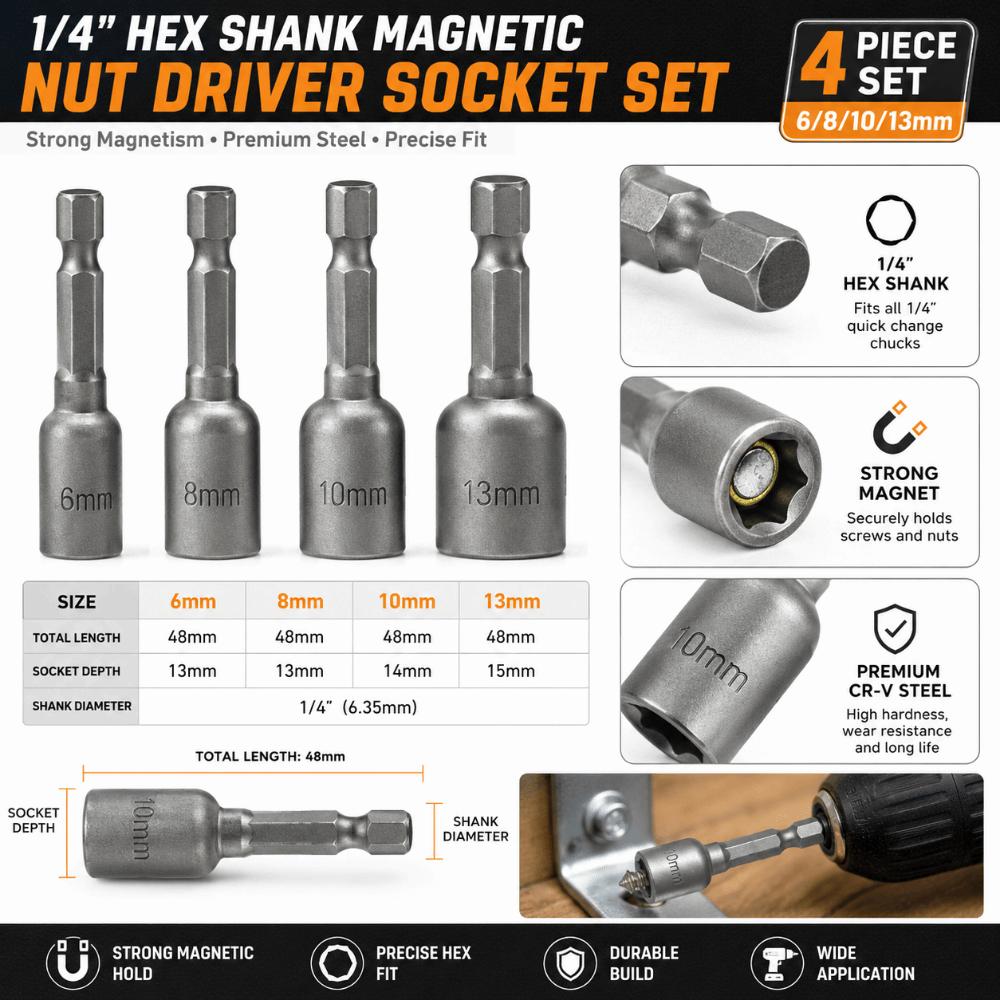 6-13 Mm Steel Socket Adapter Set 1/4” Hex Bolt Driver Socket Kit Deepen Magnetic Bits Hand Tools