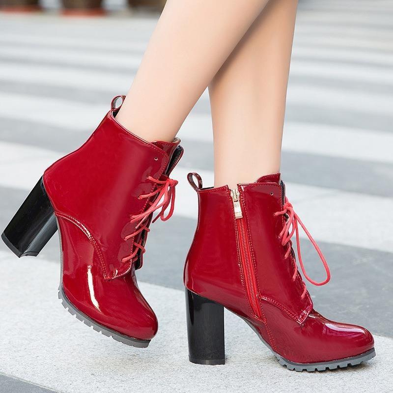 Fashion Women's Boots Ankle New Bohemian Patent Leather Front Tie Ankle Boot 7CM Square Heel Zipper with Lace Ties Women Shoes
