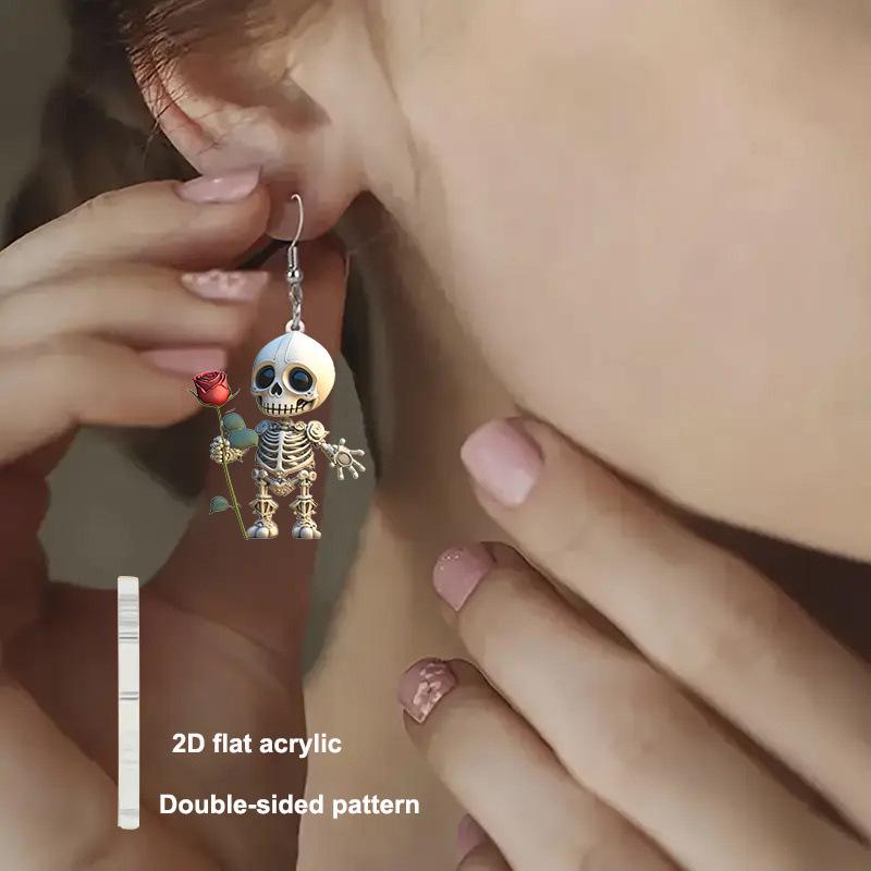 Pendientes de Esqueleto y Rosa Acrílicos Adorno Colgante Regalo de Halloween Personalidad de Terror Pendientes Creativos de Calavera