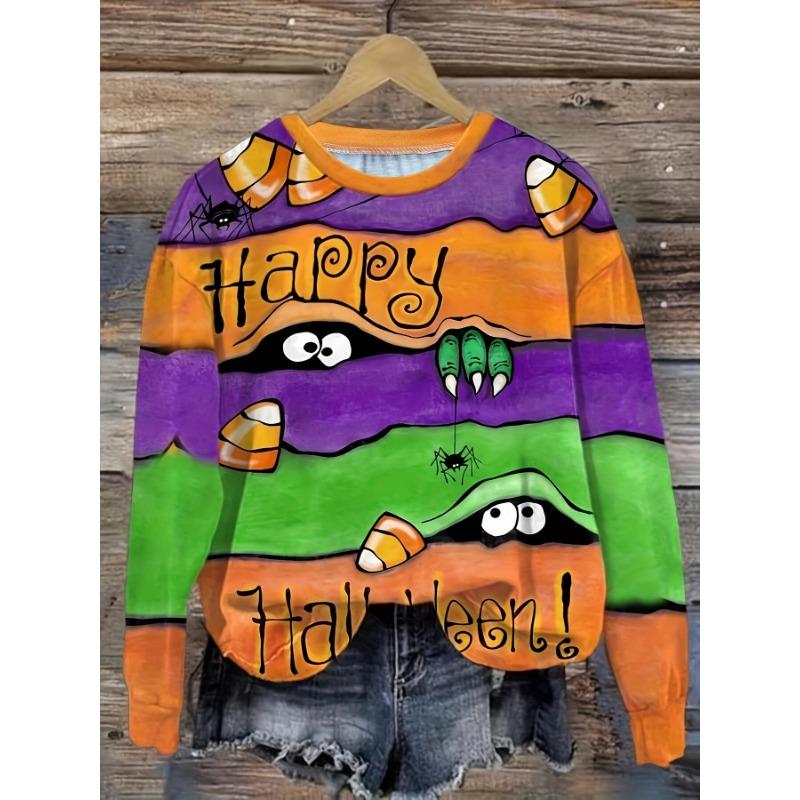 Vintage Women's Long Sleeve T-shirts Halloween Theme Witch Pattern Streetswear Polyester Tops Casual Pullover Women's Clothing