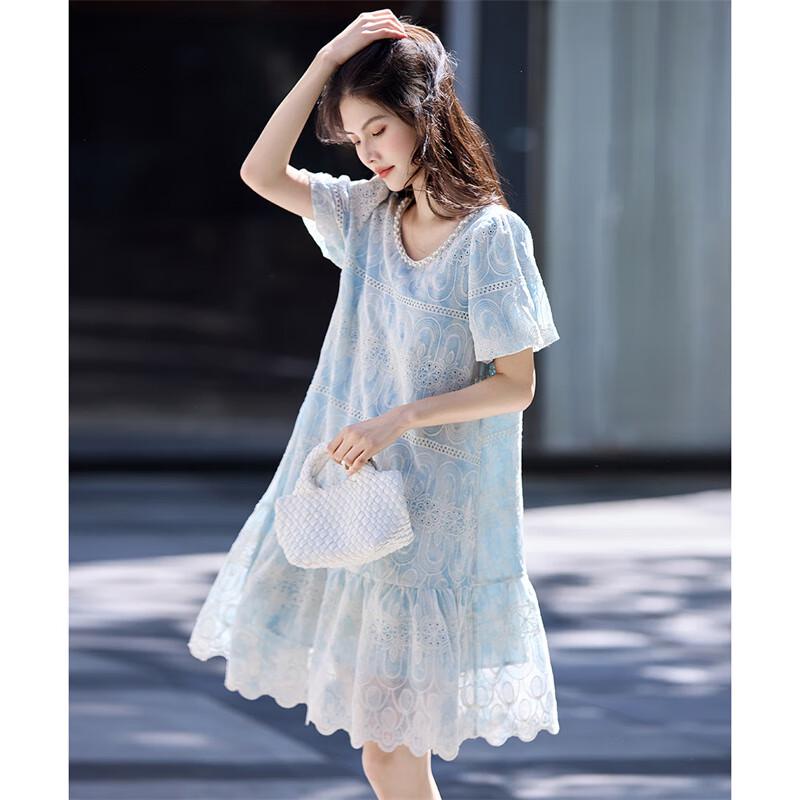 

Elegant Pearl Collar Floral Patchwork Short Sleeve A-line Midi Dress 2XL