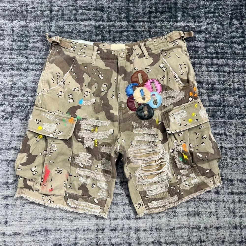 ZYLLO Summer Fashion Camouflage Splicing Leather Letter Washed Retro Knee Jeans Men Women Shorts