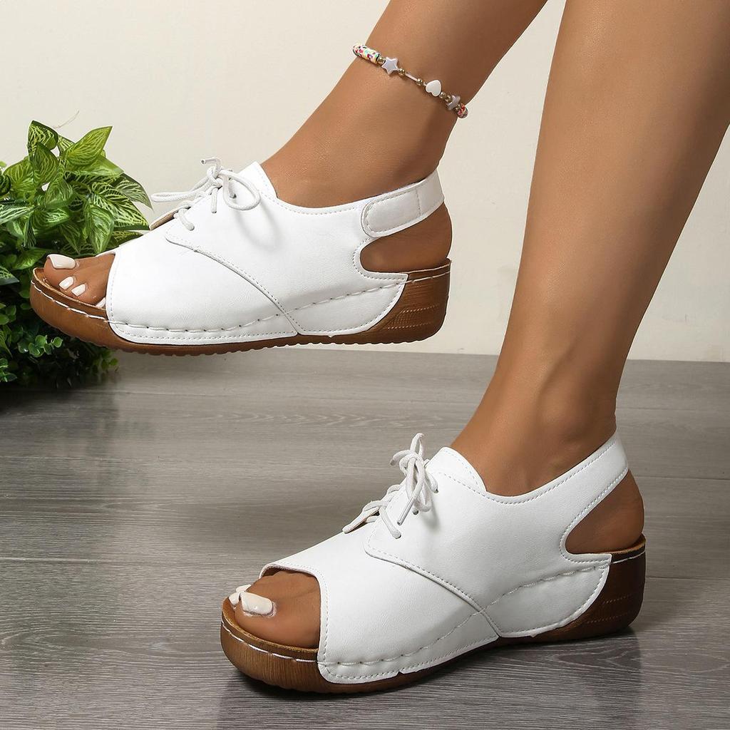 Women's Plus Size Color Block Wedge Sandals with Thick Sole and Velcro Lace-up.