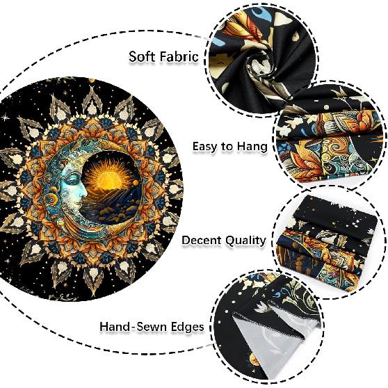 Ameyahud Moon and Sun Tapestry Spiritual Mandala Tapestry Black Flower Plant Tapestries Hippie Boho Tapestries Vintage Aesthetic Wall Hanging Decor