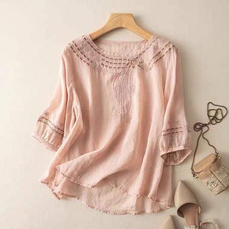 Women O Neck Elbow Sleeve T-Shirt Pattern Embroidery Loose Boho Top Vintage Summer Beach Vacation Resort Wear Casual Blouse