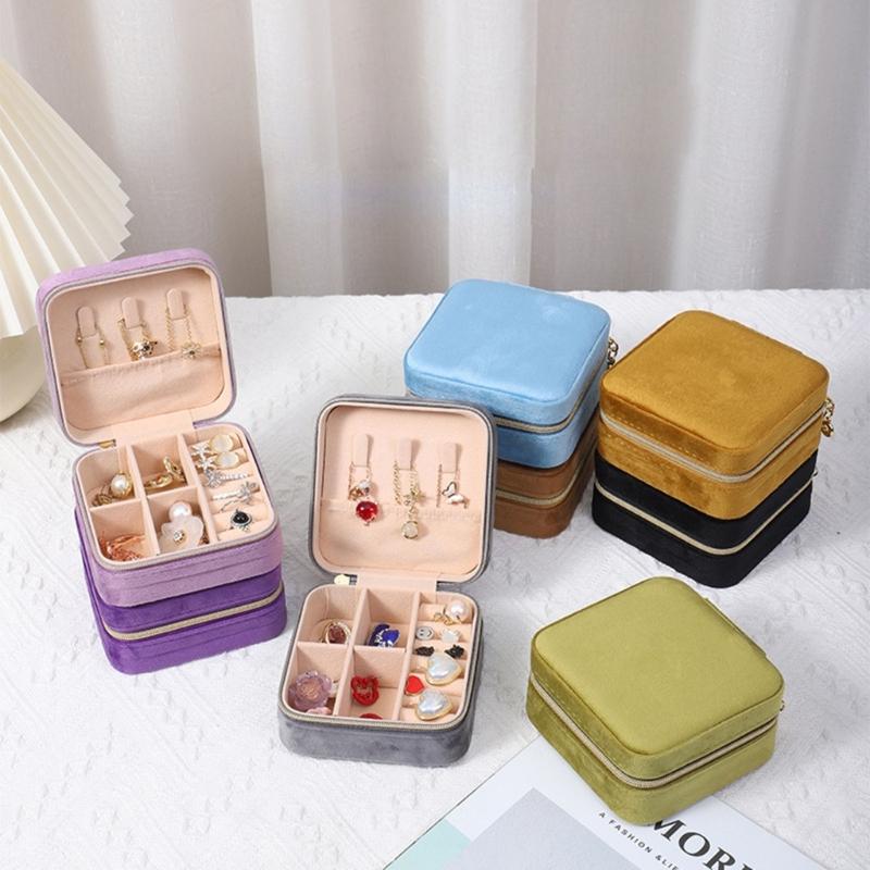 High-end Square Zipper Style Jewelry Box Travel Portable Velvet- Jewelry Storage Bag Bracelet Earrings Jewelry Organizer