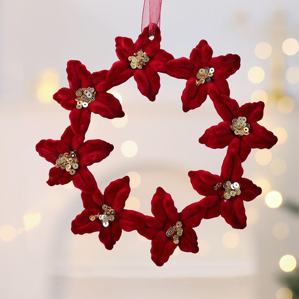 Wine Red Plush Christmas Tree Pendant Glitter Bow Christmas Decorations Holiday Season