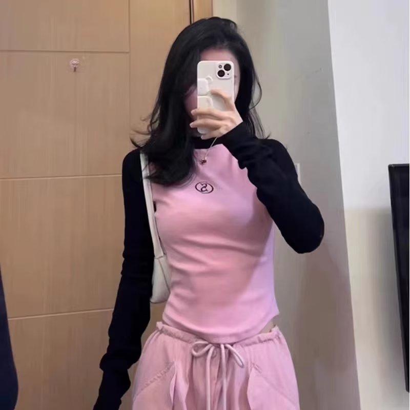 Jarné Slim tričká Patchwork Letter Print Tričká Y2k Tops Estetické vrchné oblečenie Dámske tričko