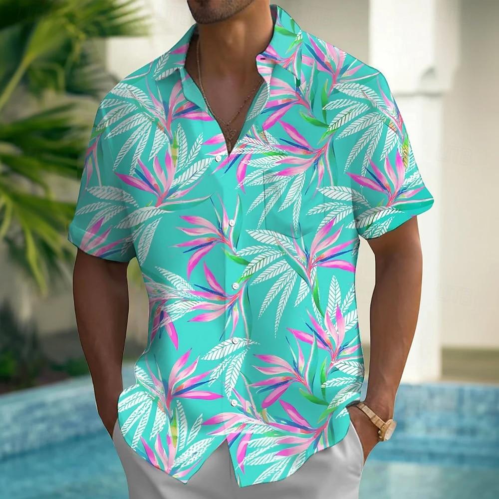 Men s Plant Tropical Leaf Summer Hawaiian Shirt Button Up Shirt Aloha Short Sleeve shirt Summer Collared Shirts Front One Pocket S