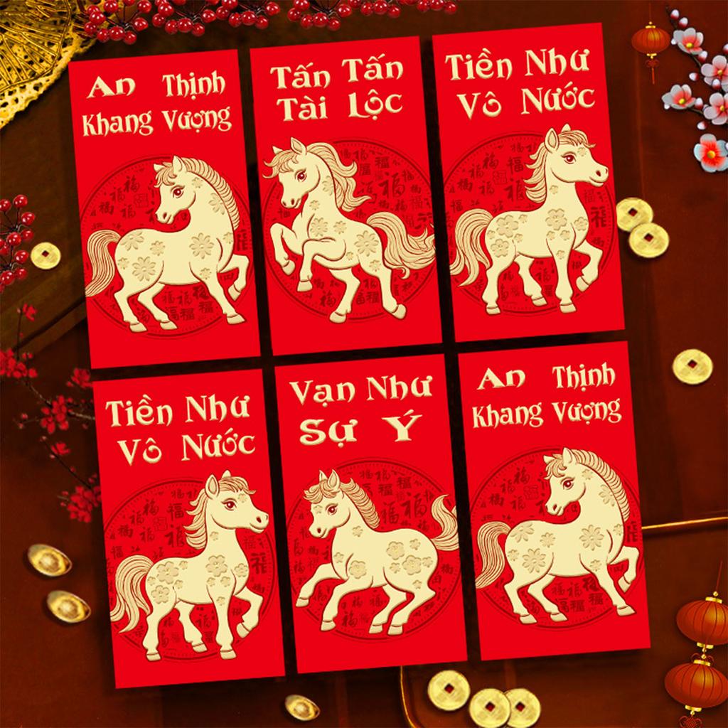 Pack of 6 Vietnamese New Year Red Envelopes With Festive Horse Design and Matte Finish for 2026 Celebrations