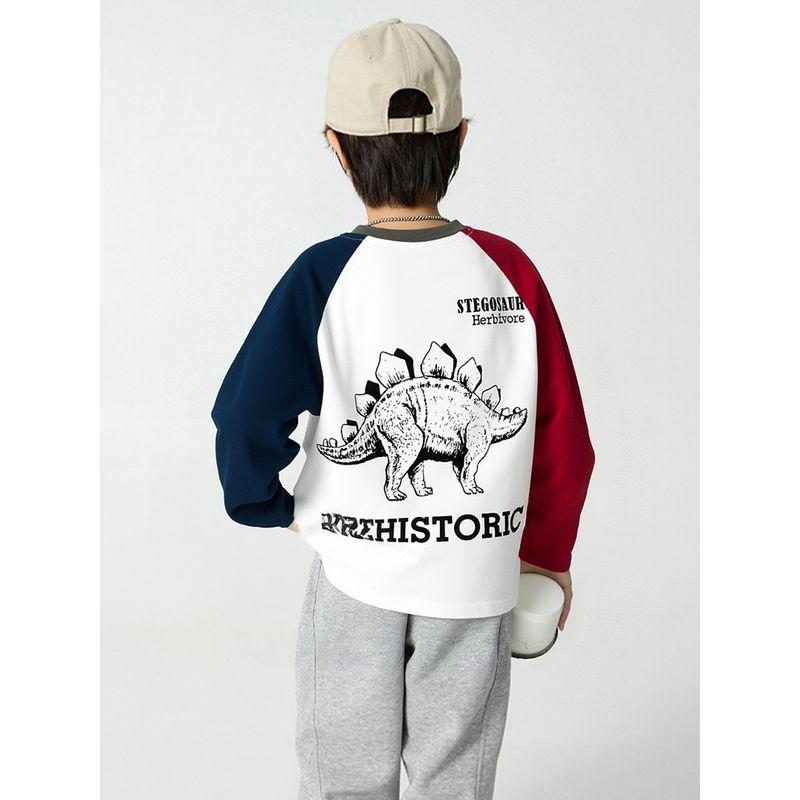 Korean Style Children's Clothing for Older Boys, Spring Cartoon Color-Blocking Round Neck Long-Sleeve T-Shirt, Pure Cotton Base Shirt
