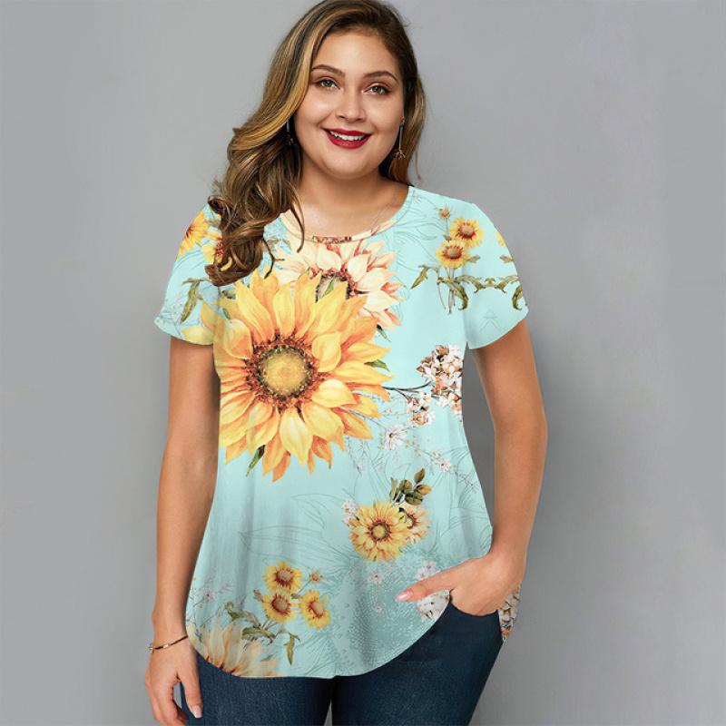 Summer O-Neck Womens T-Shirt Oversized Clothes Harajuku Casual Loose Top Floral Print Funny T-Shirt for Ladies Pullover Street