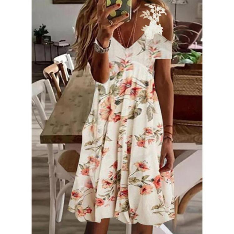Sommer schulterfrei Blumendruck Sexy Spitze Sommerkleid Damen Lässig Strand Urlaubs Kleid Kurzarm Vestidos Mode Damen