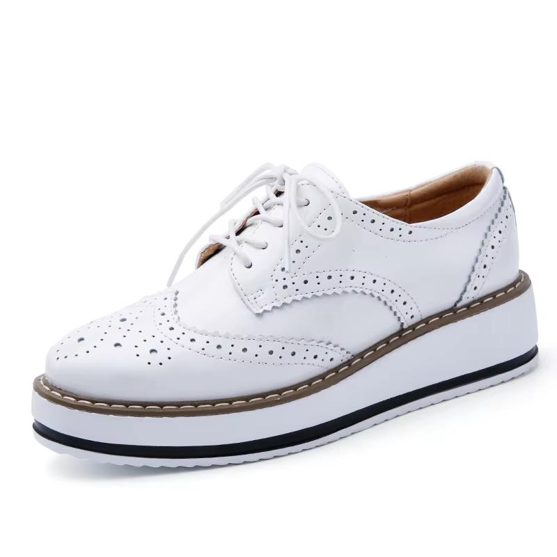 Women's Oxford Flats - Genuine Leather Wingtips Lace-Up Comfort Brogue Derby Patent Platform Casual Shoes for Spring Autumn