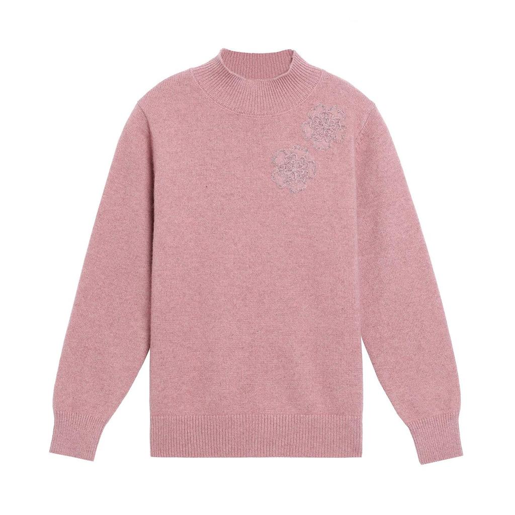 Women's Pure Wool Embroidered Sweater - Half-High Collar, Autumn/Winter, for Middle-Aged & Elderly, Warm Base Layer/Outerwear
