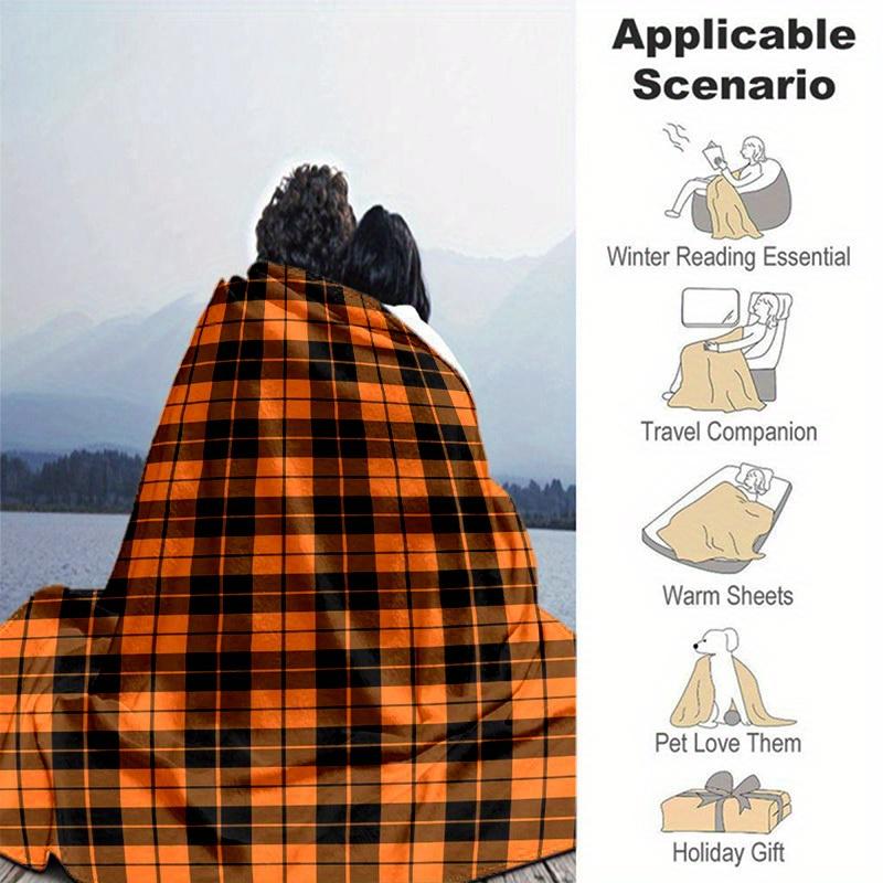 1pc. Plaid Blanket - Perfect for Home, Office, Outdoors | Gift Idea | Suitable All Seasons | Orange & Black Checkered Pattern z041768