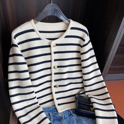 Women Stripe Knitted Cardigans Spring Autumn O-neck Single Breasted Long Sleeve Crop Tops Fashion Casual Chic Female Sweaters