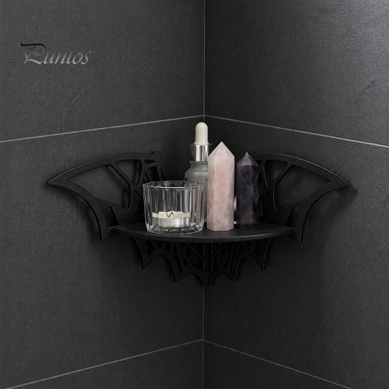 Wall Mounted Organizer Halloween Bat Corner Shelf, Decorative Wooden Mount Display Spooky Room Accessories Spiderweb Design Gothic Floating