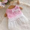 Lace Pet Dress Knitted Sleeveless Dog Dress, White Tutu Puppy Princess Cute Girl Ruffled with Faux Pearl Bow, Summer Female for Small Dogs Clothing