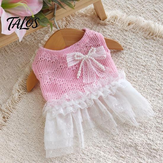 Lace Pet Dress Knitted Sleeveless Dog Dress, White Tutu Puppy Princess Cute Girl Ruffled with Faux Pearl Bow, Summer Female for Small Dogs Clothing
