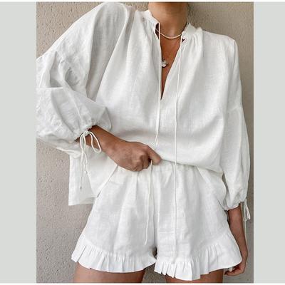 Damen Shorts Anzug V-Ausschnitt Langarm Lockeres Hemd Hohe Taille Weites Bein Kurze Hosen Sets Sommerurlaub Lady Set