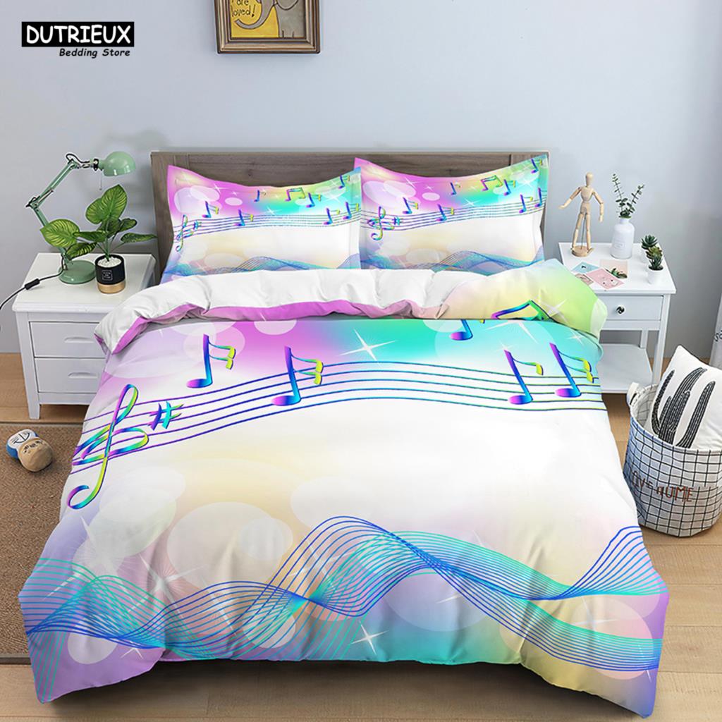 Musical Note Bedding Set 2/3pcs Music Theme Quilt Cover King/Queen Size With Pillowcase Fashionable Psychedelic Soft Duvet Cover