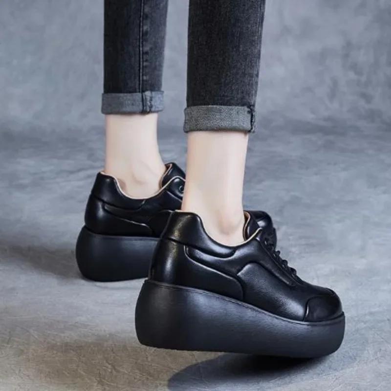 Fashion 6CM Women Platform Shoes Handmade Retro Style Genuine Cow Leather Lace-Up Wedges Heel Height Increasing Casual Single Shoes