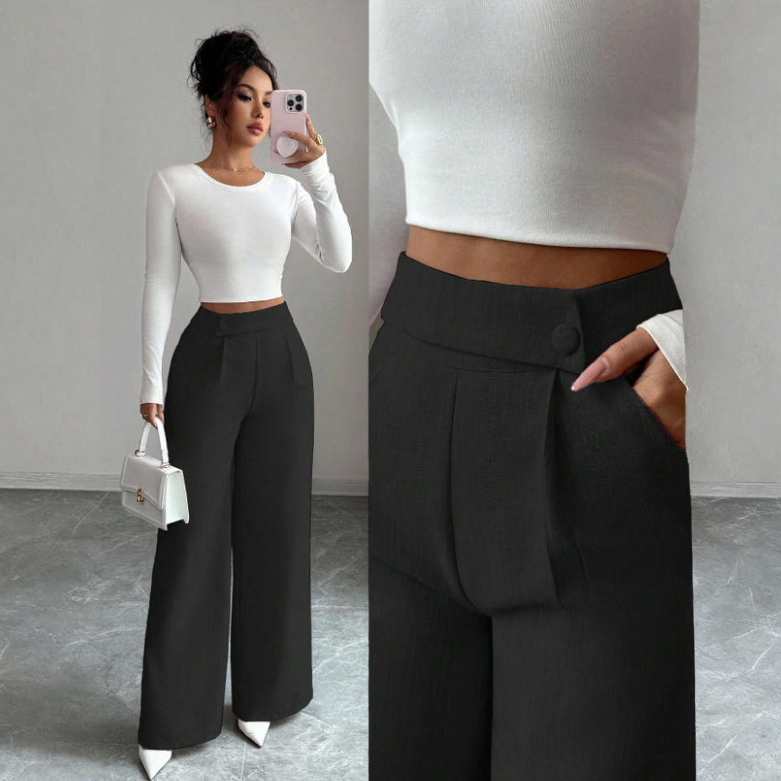 Women s  Trousers With Button At The Waist, Elegant, Casual And Versatile. L