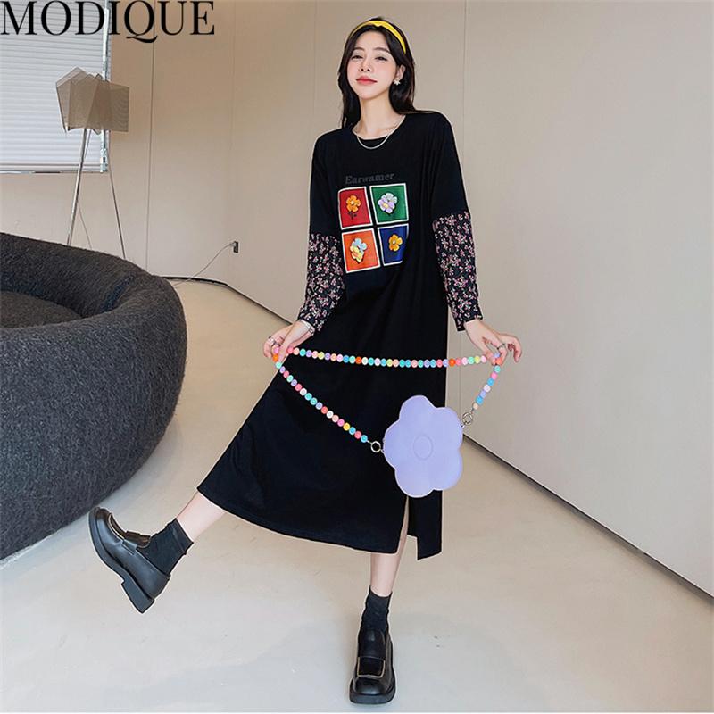 MODIQUE Jesień Plus Size Nowe Długie Sukienki Kobiety Luźne Sukienki w Słodki Nadruk Kwiatowy Kobieta Podstawowe Casual Długi Rękaw Szyty O-Neck Spódnica