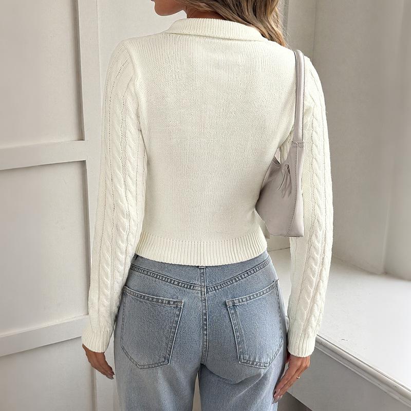 2026 Autumn/Winter Sweet College Style White Bow Embroidered Lapel Cable Knit Sweater