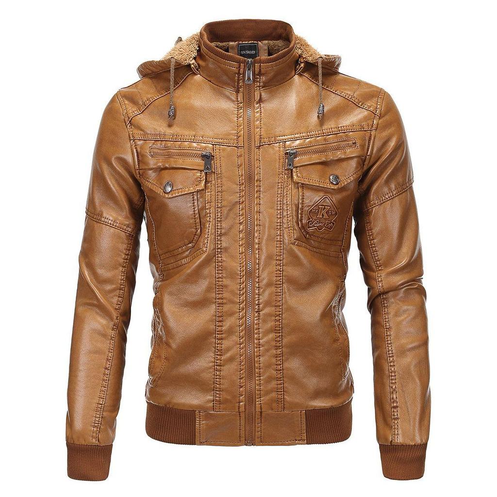 Padded Leather Jacket Men's Winter Thickening Warm Removable Cap Pu Jacket Biker Jacket