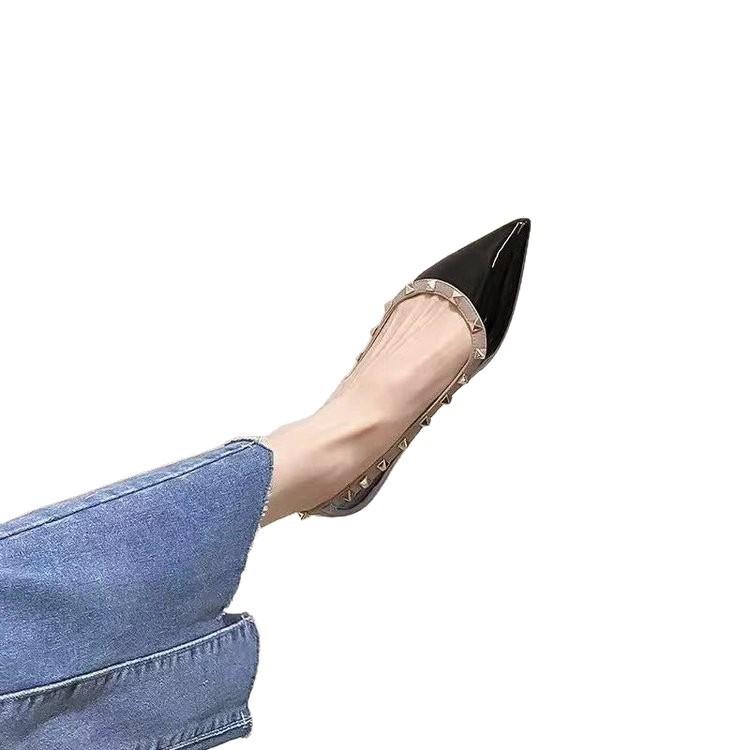 Soft leather French temperament pointed single shoes women's shallow mouth women's riveted patent leather night breeze gentle soft-soled flats