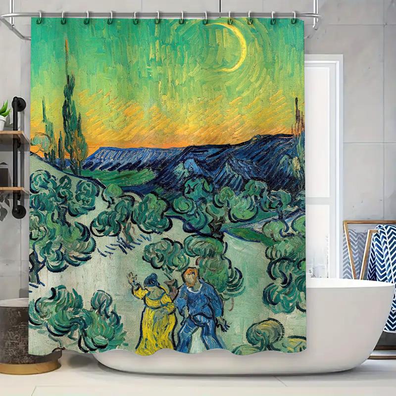 

Van Gogh Starry Night Shower Curtain Green Landscape Wall Art Decor For Bathroom Hanging In 3D Printed Fabric Waterproof Home De W60H190(CM)-1 Pcs