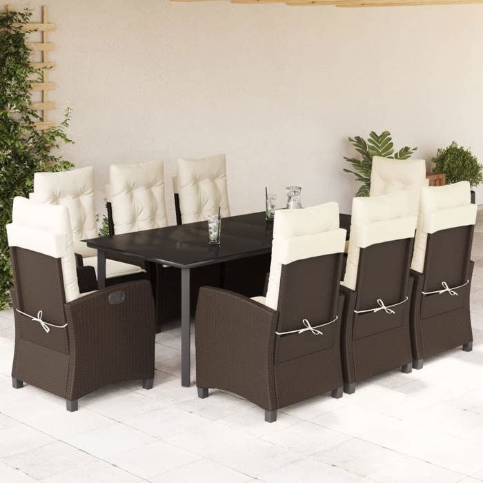 VidaXL Ensemble à Manger de Jardin avec Coussins 9 pcs, Table et Chaises avec Dossier Réglable, Meubles d'Extérieur, 3212781