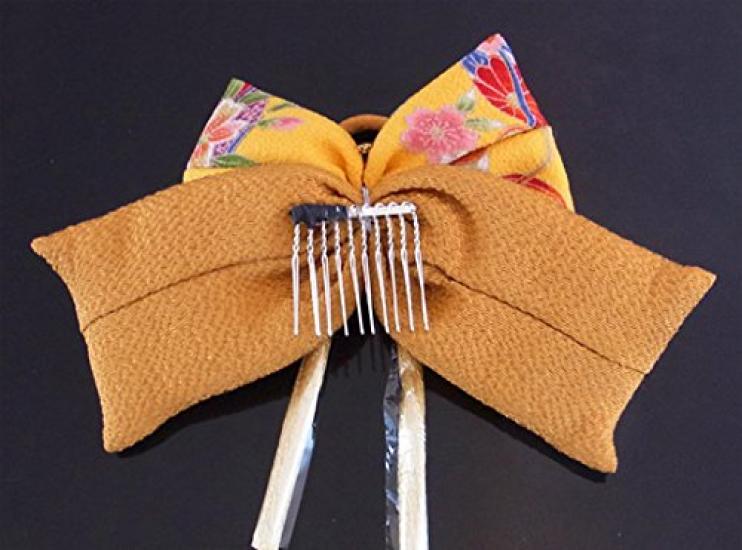 Ornement de cheveux, crêpe de soie pure, motif japonais (jaune et or) accessoire de cheveux à ruban