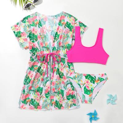 Tween Girls' Fashion 3 Pieces Floral Printed Swimwear Set Solid Tank Top Briefs and Short Sleeves Lace Up Cover-Up Swimsuit Children's Bathing Suit