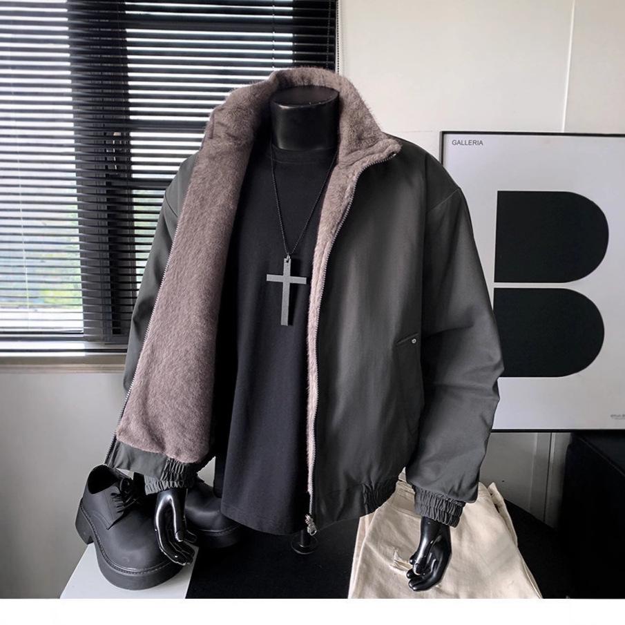 Men's Two-Sided Silver Blue Fox-Cotton Jacket with Fishbone Pattern - Thickened, Plus Velvet for Winter Warmth