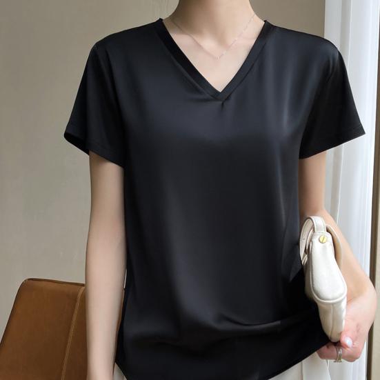 Women Summer Top V-neck Solid Color Soft Comfortable Short Sleeves Daily Wear Pullover OL Commute Satin Women T-shirt Female Clothes