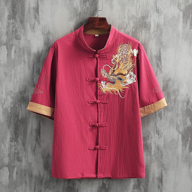 Men's Summer Embroidered Dragon Cotton Linen Shirt - Zen Style Tang Suit