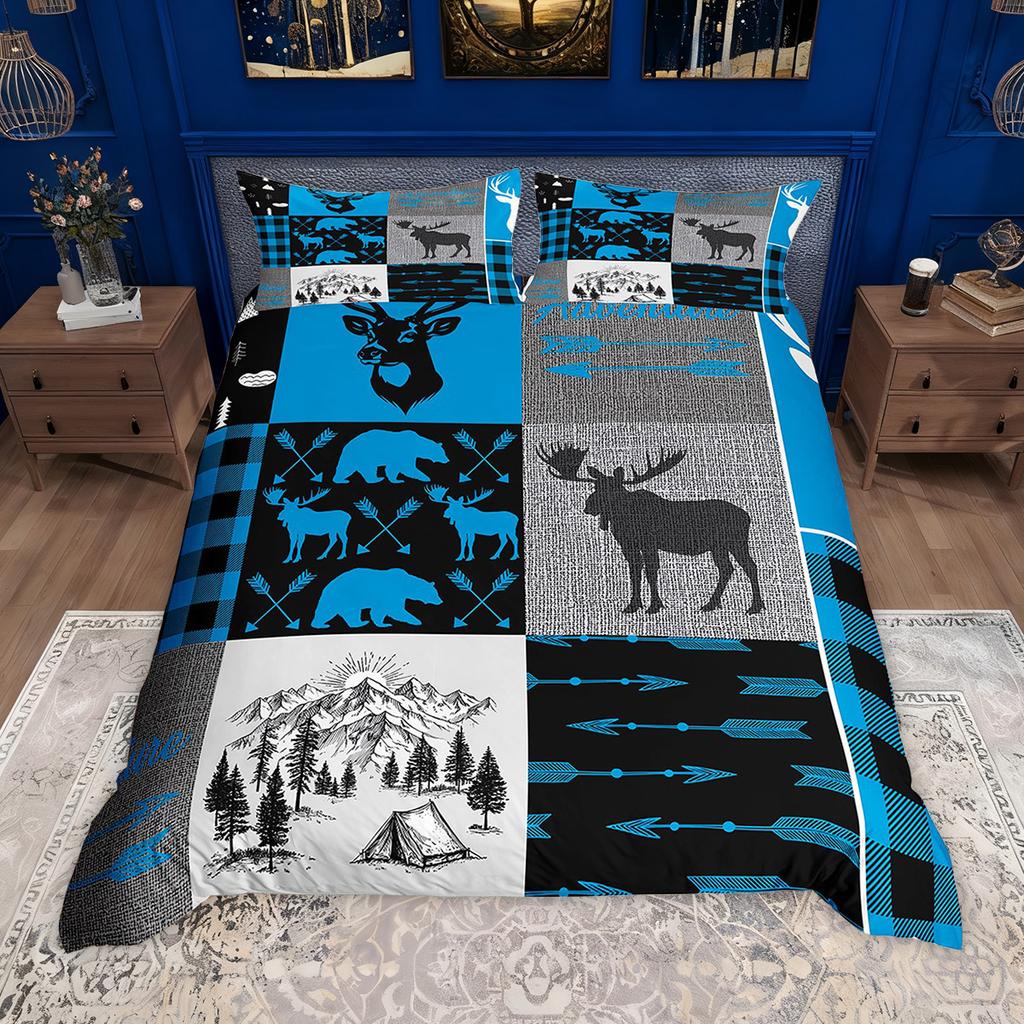 Homewish Rustic Farmhouse Plaid Duvet Cover Set Moose Bear Checkered Bedding Set Retro Cabin Lodge Comforter Cover Set