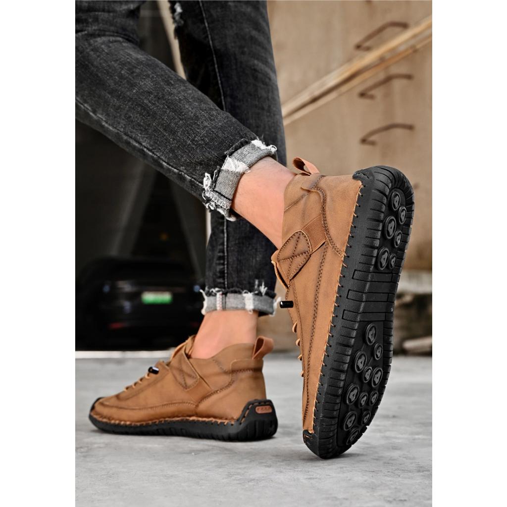 Men's Trendy Leather Shoes, Outdoor Workwear, Retro Stitching, Mid To High Cut, Fashionable and Casual Men's Leather Shoes