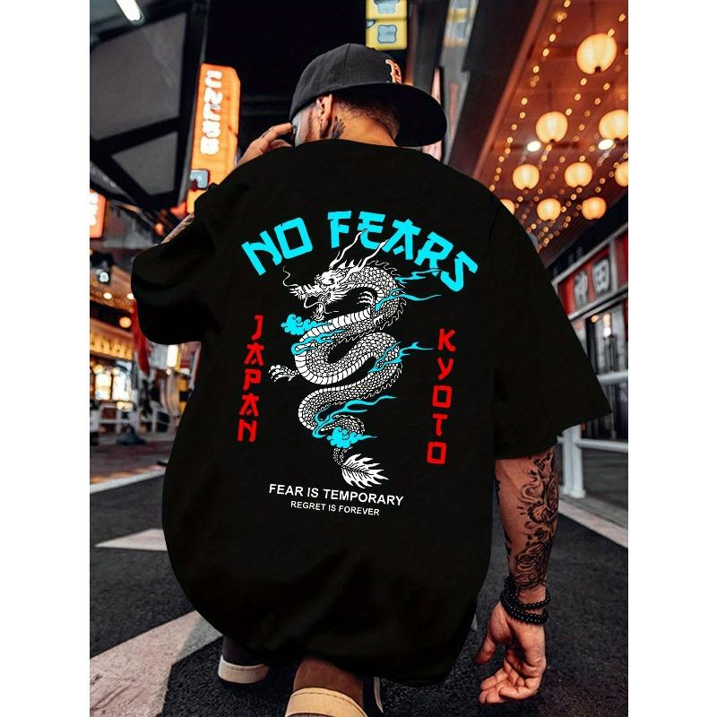 

European sizes Dragon Print, Men s Graphic Design Crew Neck Active T-shirt 4XL чорний