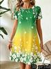 Summer Women's Short Sleeve Dress Elegant Gradient Print O-Neck Loose Casual A-Line Dress