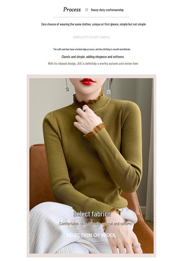 Women's Stylish Half-High Neck Knit Sweater - Lace Base Layer for Autumn & Winter